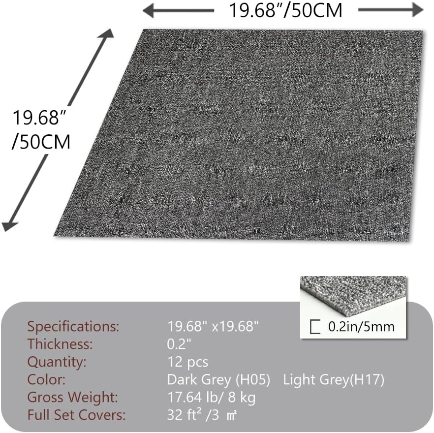 Carpet Tiles 20"x 20" Squares Reusable Floor Carpet, 12 Tiles Non Slip Peel and Stick Easy DIY Installation Seamless Rug for Bedroom Living Room Office, Light Gray