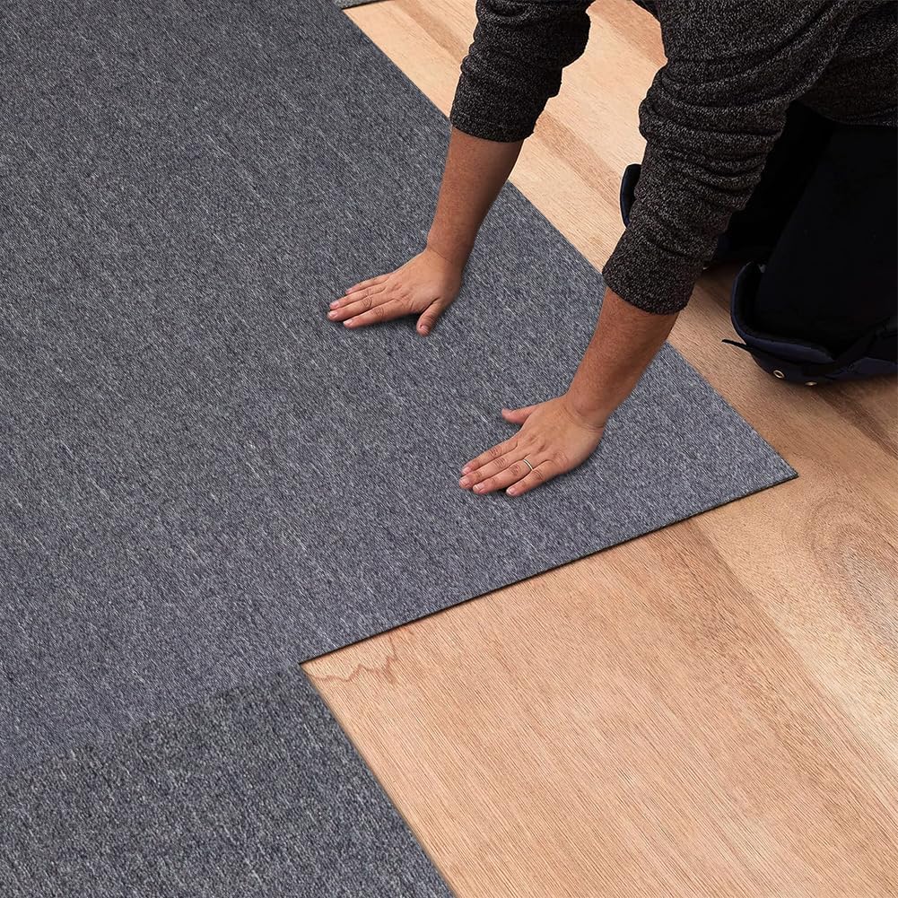 Carpet Tiles 20"x 20" Squares Reusable Floor Carpet, 12 Tiles Non Slip Peel and Stick Easy DIY Installation Seamless Rug for Bedroom Living Room Office, Light Gray