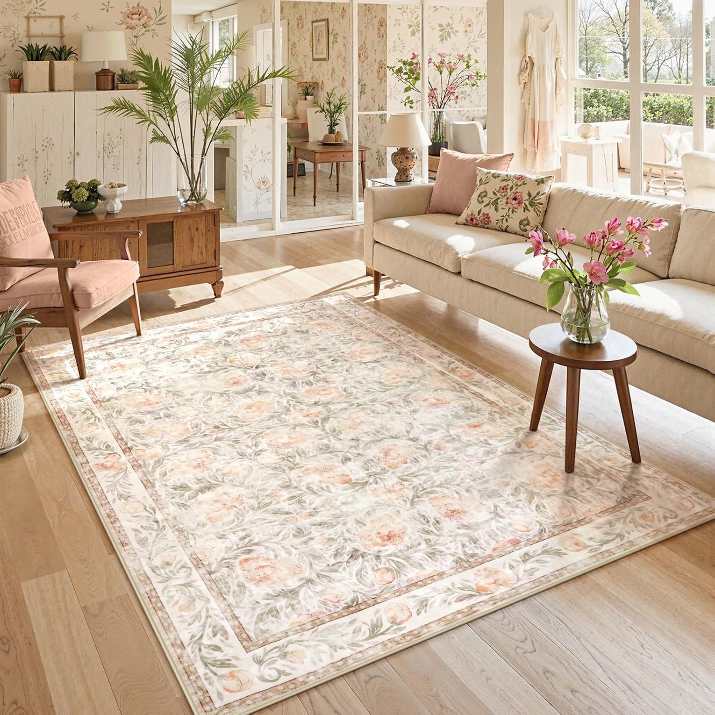 Collive Floral Area Rug 5x7, Pink Rugs for Bedroom Girls, Machine Washable Soft Low Pile Stain Resistant Carpet, Rug for Living Room Nursery Kids Playroom Dorm