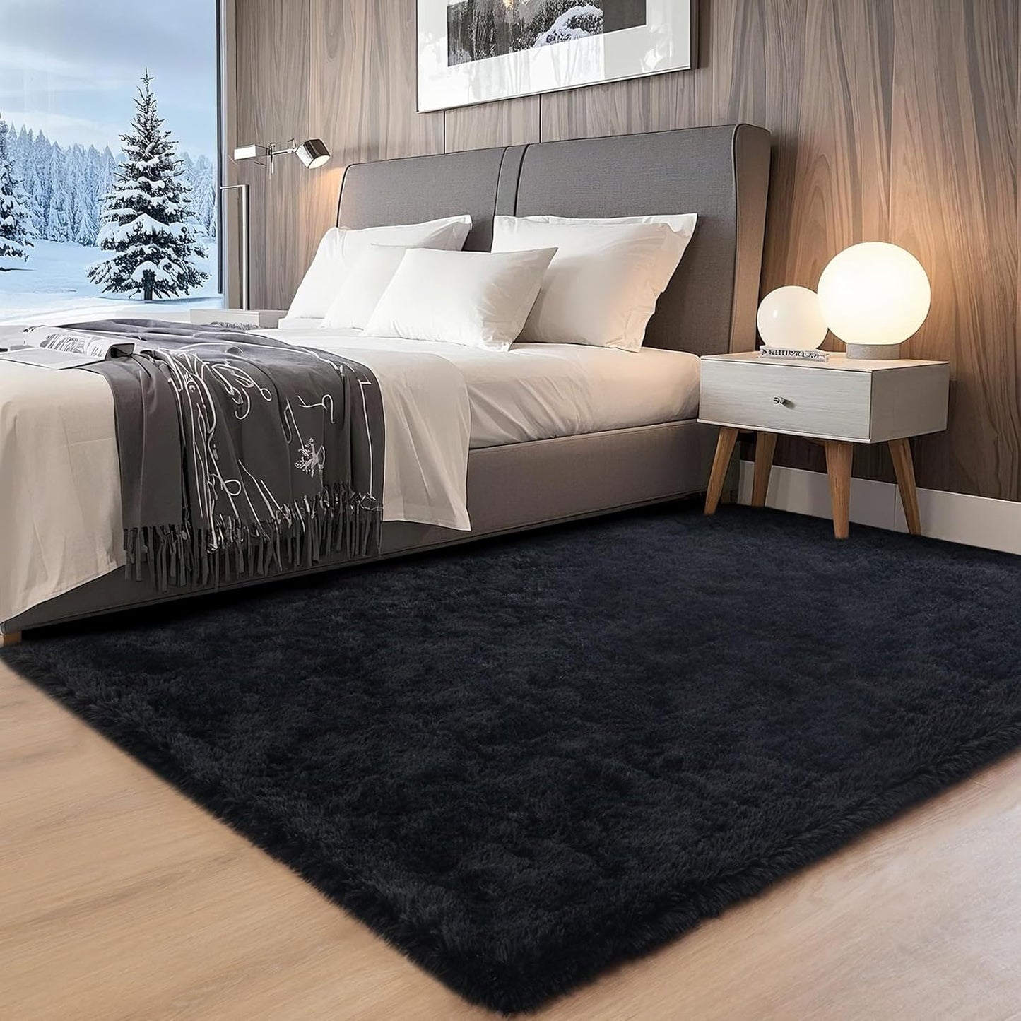 6x9 Feet Machine Washable Area Rugs for Bedroom Living Room, Black Soft Plush Fluffy Fuzzy Shag Shaggy Carpet, Indoor Floor Rugs for Kids, Nursery, Home Decor Aesthetic