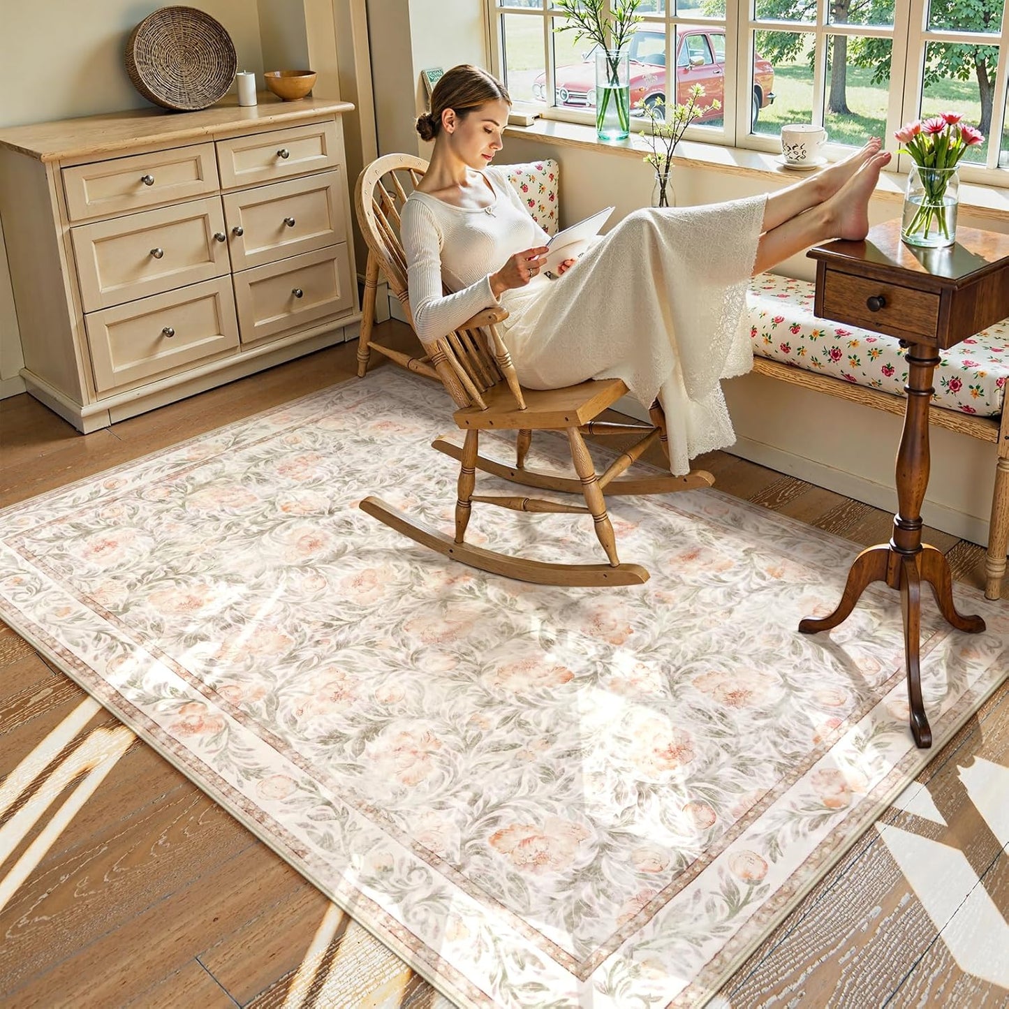 Collive Floral Area Rug 5x7, Pink Rugs for Bedroom Girls, Machine Washable Soft Low Pile Stain Resistant Carpet, Rug for Living Room Nursery Kids Playroom Dorm
