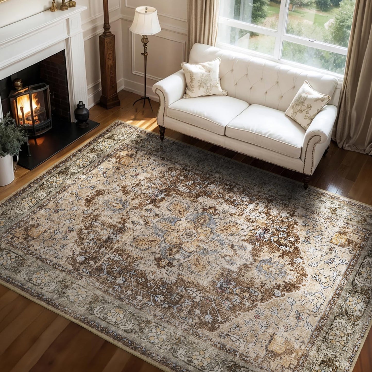 Brown Washable 5x7 Area Rugs for Living Room Rug Bedroom Rug-Carpet Neutral Moody Vintage Traditional Dining Room Rugs Office Soft Comfortable Non Slip
