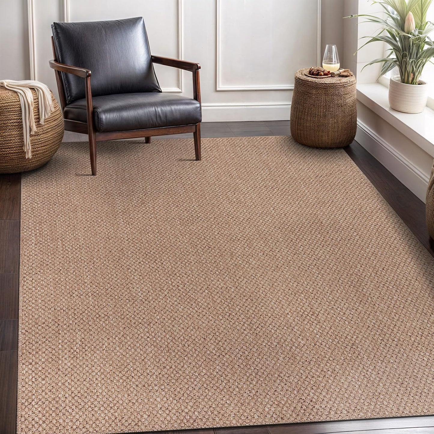 CAMILSON Easy Jute Rug 9x12, Indoor Outdoor Natural Color Fiber Area Rugs for Living Room and Patio Rug Herringbone Seagrass Boho Woven Design Easy-Cleaning Washable Outside Carpet Alfombras 9 x 12