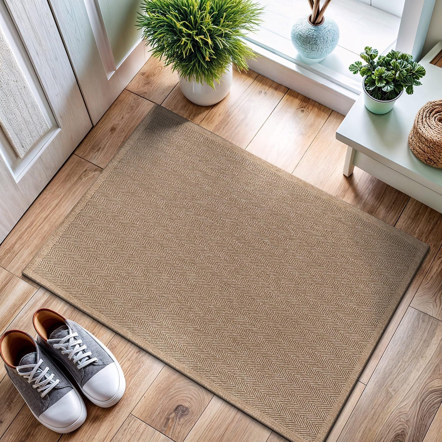 CAMILSON Easy Jute Rug 9x12, Indoor Outdoor Natural Color Fiber Area Rugs for Living Room and Patio Rug Herringbone Seagrass Boho Woven Design Easy-Cleaning Washable Outside Carpet Alfombras 9 x 12