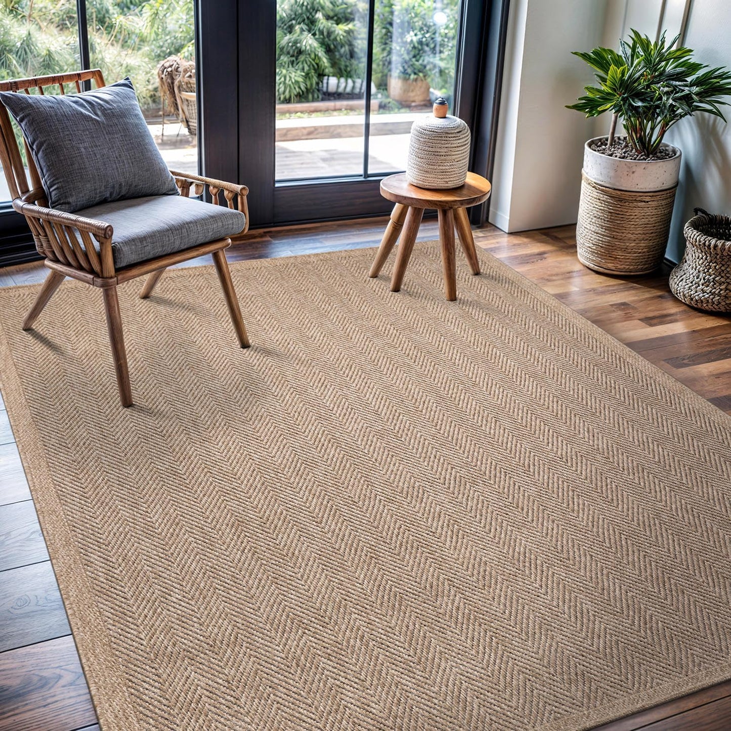 CAMILSON Easy Jute Rug 9x12, Indoor Outdoor Natural Color Fiber Area Rugs for Living Room and Patio Rug Herringbone Seagrass Boho Woven Design Easy-Cleaning Washable Outside Carpet Alfombras 9 x 12
