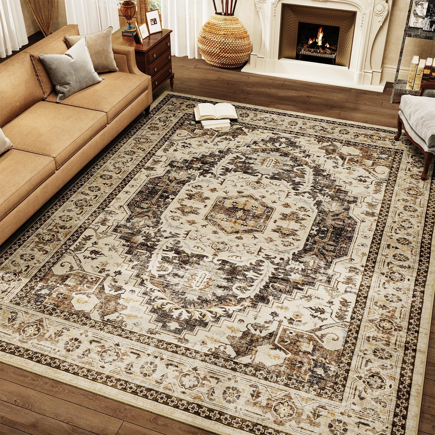 Brown Washable 5x7 Area Rugs for Living Room Rug Bedroom Rug-Carpet Neutral Moody Vintage Traditional Dining Room Rugs Office Soft Comfortable Non Slip