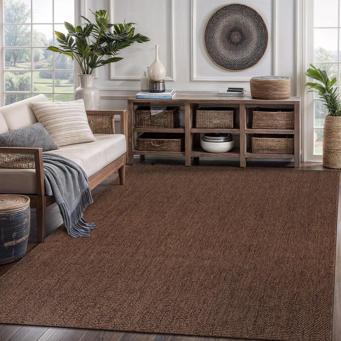 CAMILSON Easy Jute Rug 9x12, Indoor Outdoor Natural Color Fiber Area Rugs for Living Room and Patio Rug Herringbone Seagrass Boho Woven Design Easy-Cleaning Washable Outside Carpet Alfombras 9 x 12