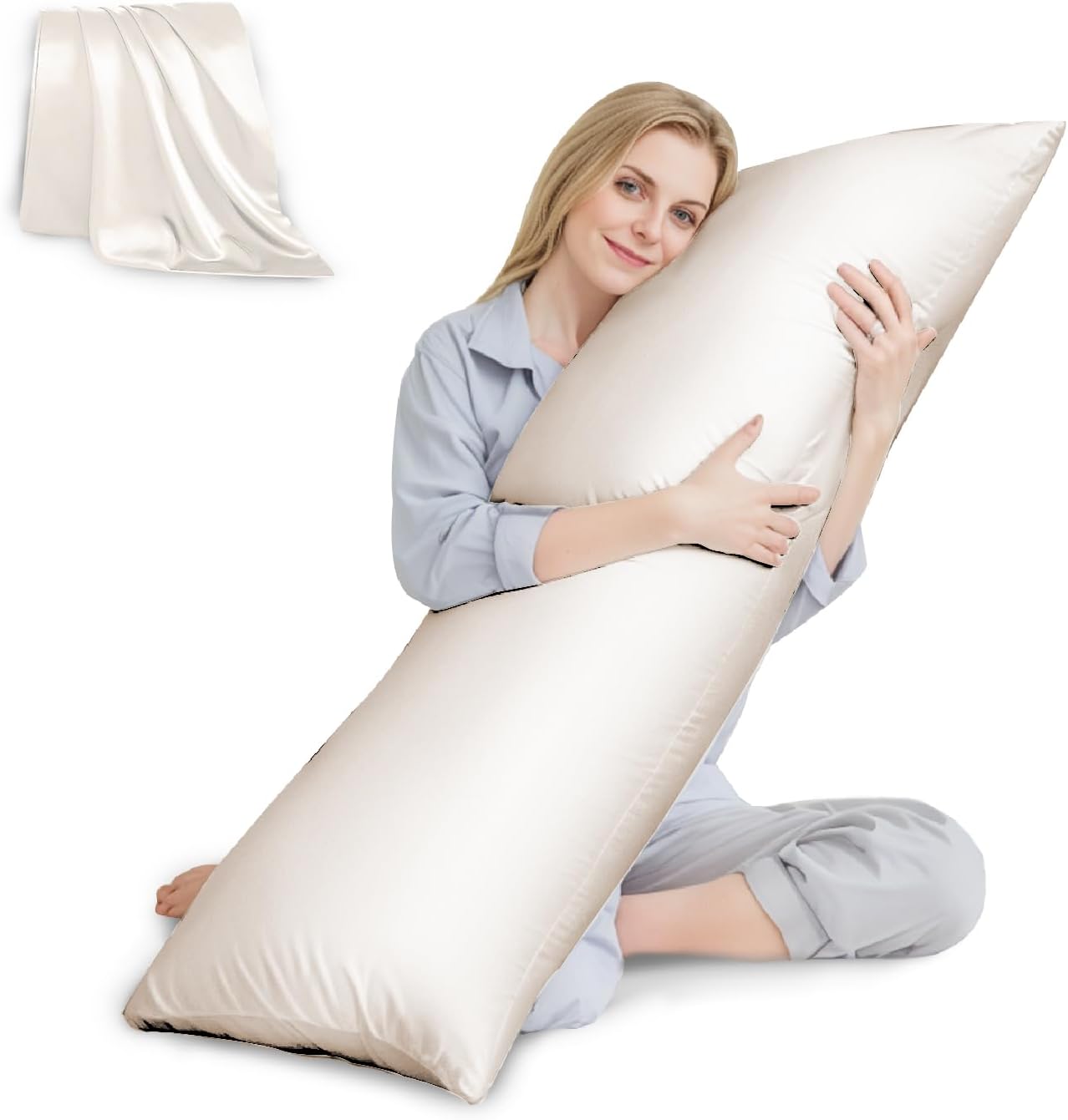 HUXMEYSON Body Pillow with Satin Pillowcase, Cooling Body Pillow for Adults, Removable Cover, Grey (20"x54")