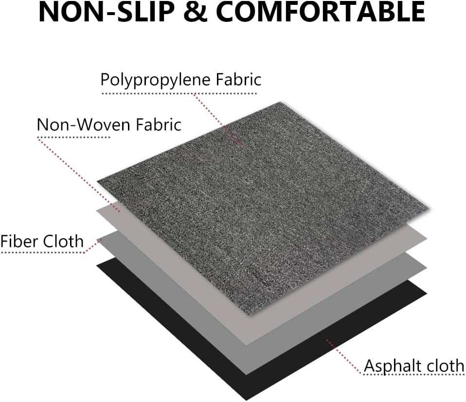 Carpet Tiles 20"x 20" Squares Reusable Floor Carpet, 12 Tiles Non Slip Peel and Stick Easy DIY Installation Seamless Rug for Bedroom Living Room Office, Light Gray
