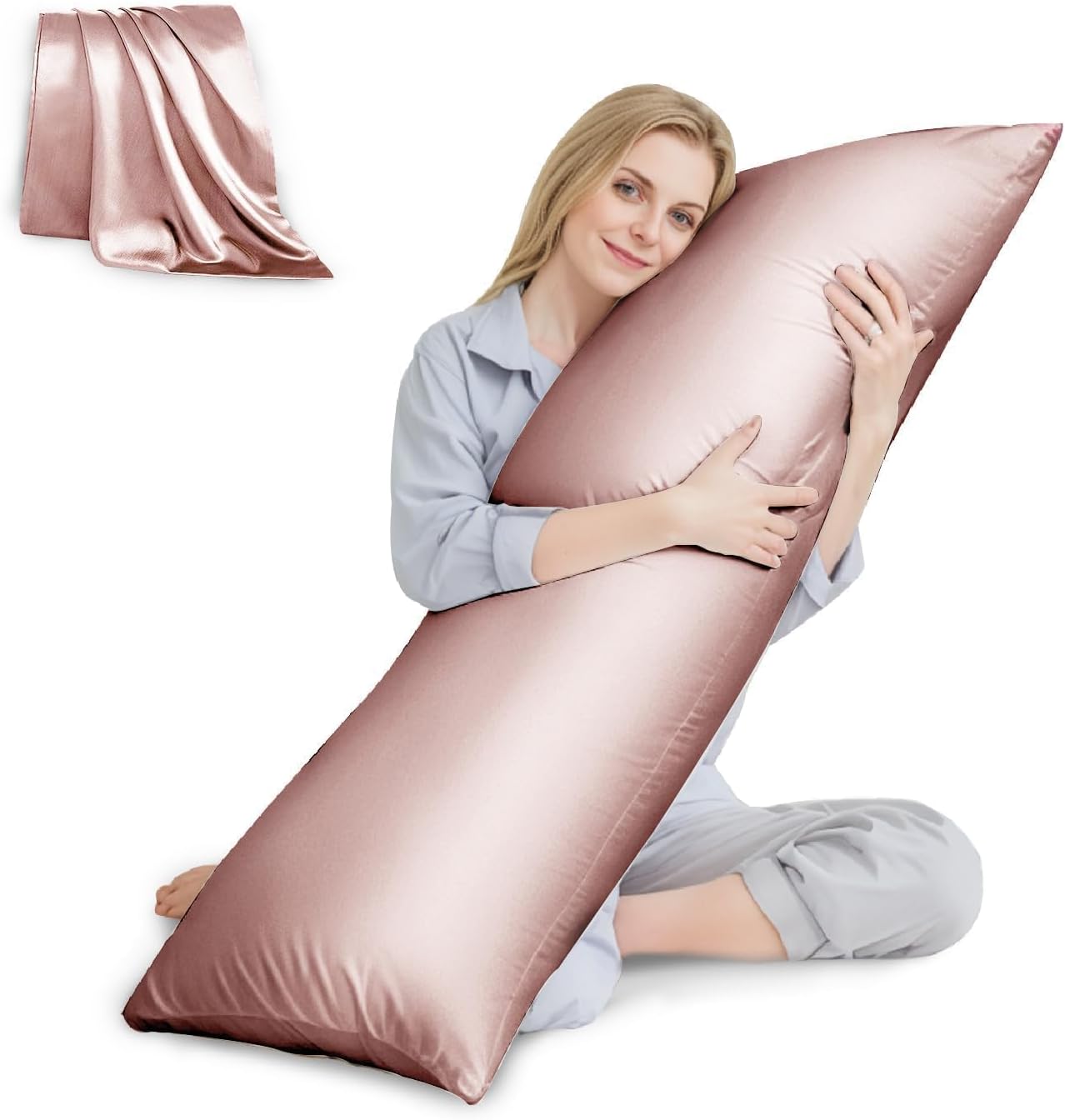 HUXMEYSON Body Pillow with Satin Pillowcase, Cooling Body Pillow for Adults, Removable Cover, Grey (20"x54")