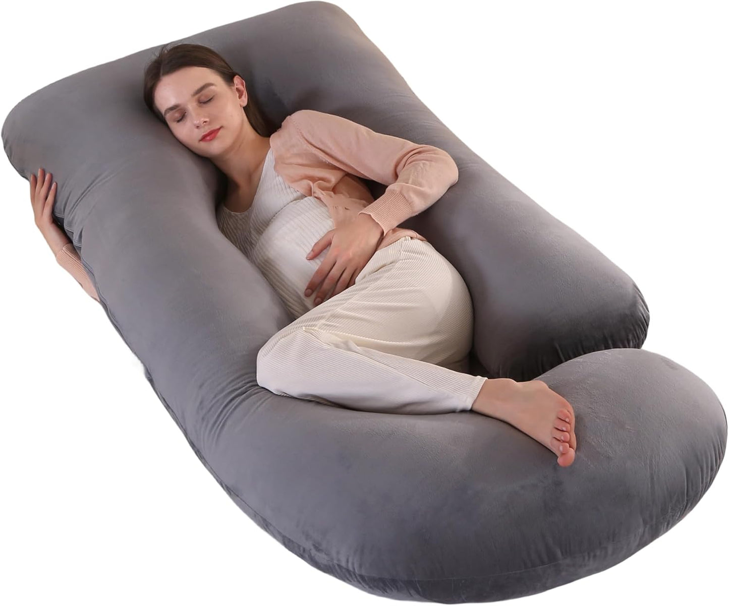 Pregnancy Pillow, Full Body 57 Inch Maternity Pillow with Removable Washable Cover - Sleep Support for Legs, Back, Neck, Shoulder, HIPS, Belly for Pregnent Women, Black Grey Velvet Cover