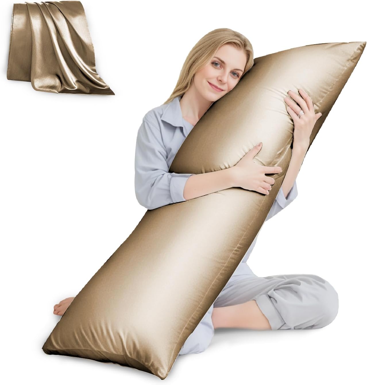 HUXMEYSON Body Pillow with Satin Pillowcase, Cooling Body Pillow for Adults, Removable Cover, Grey (20"x54")