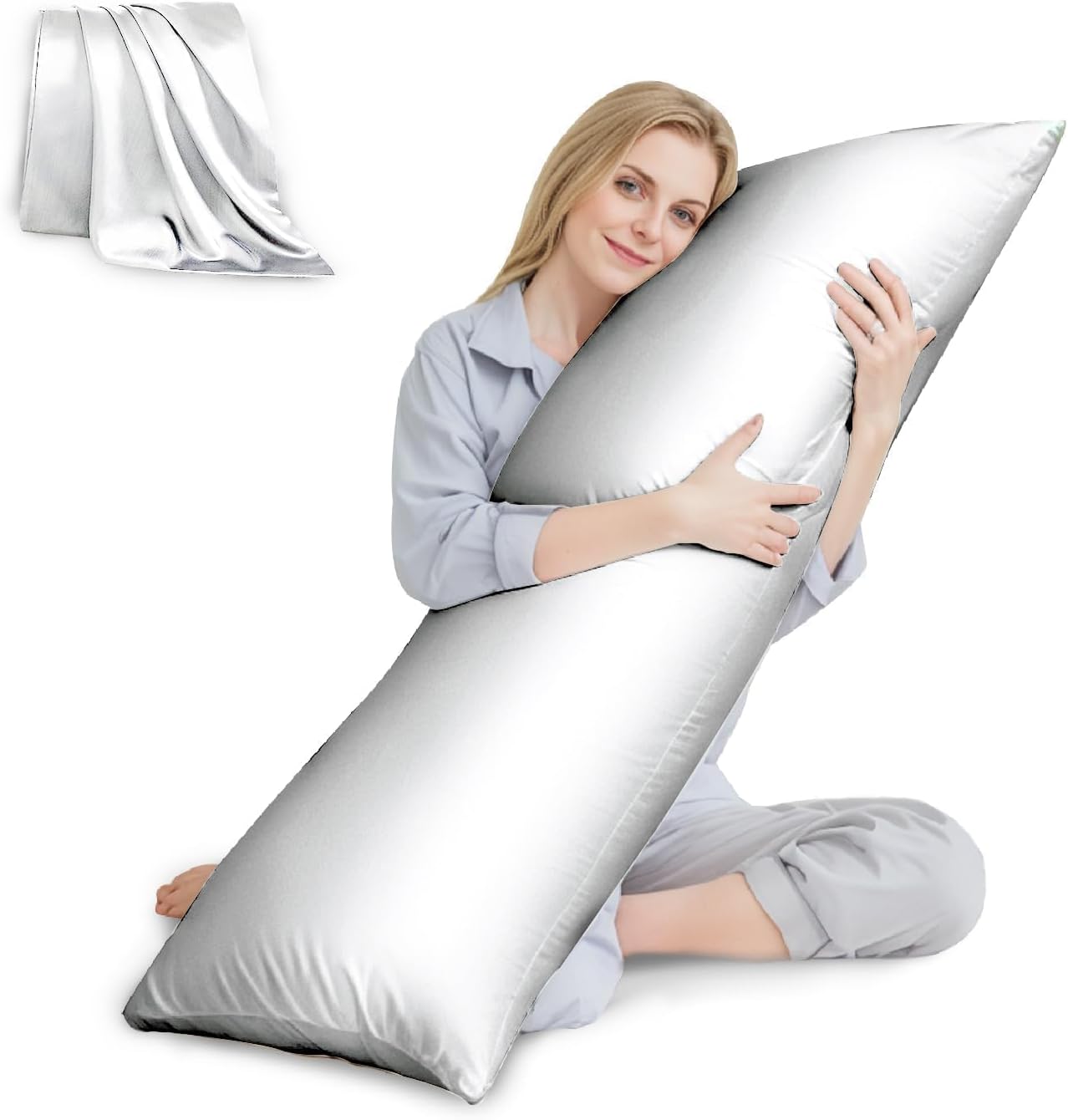 HUXMEYSON Body Pillow with Satin Pillowcase, Cooling Body Pillow for Adults, Removable Cover, Grey (20"x54")