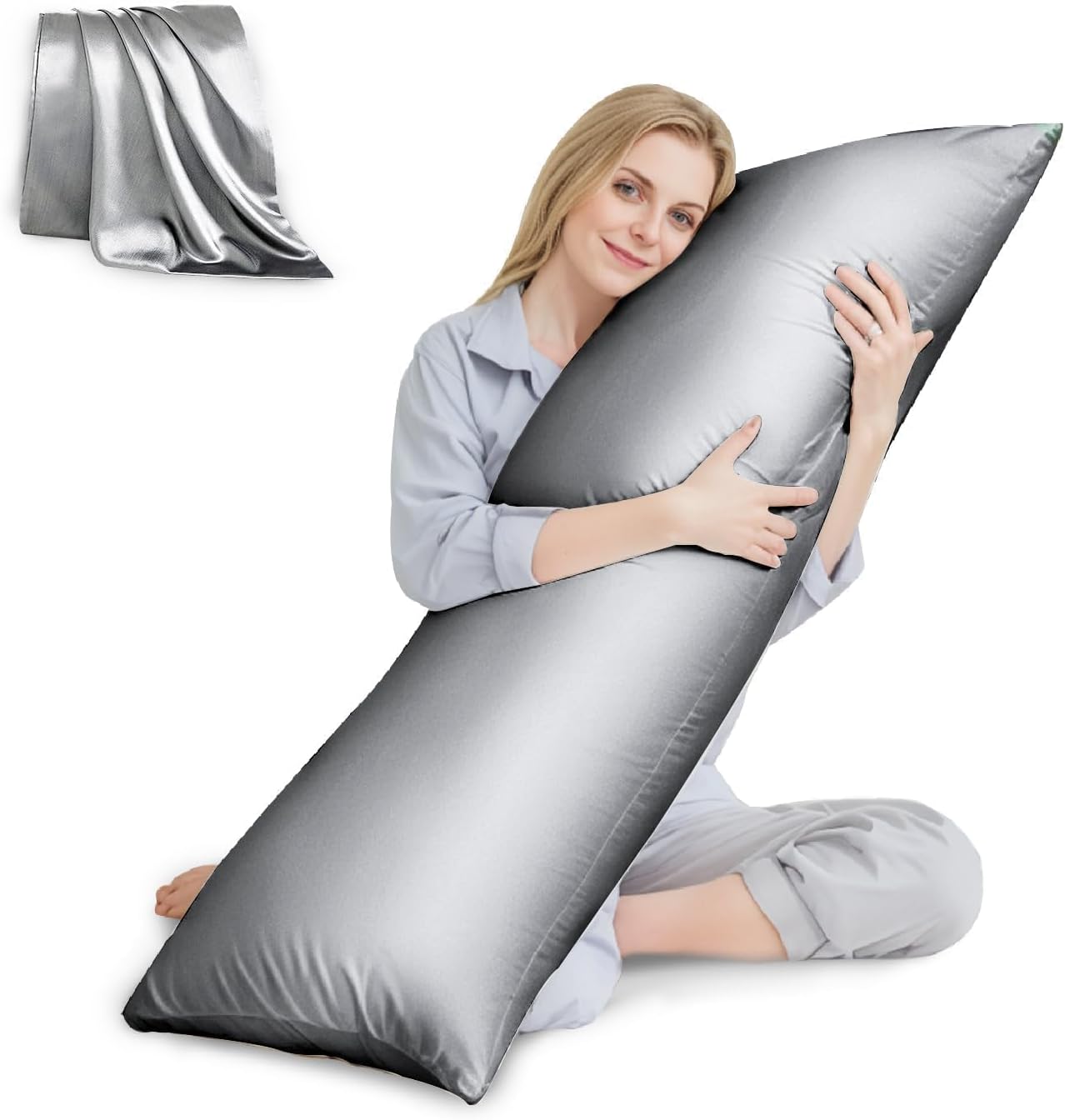 HUXMEYSON Body Pillow with Satin Pillowcase, Cooling Body Pillow for Adults, Removable Cover, Grey (20"x54")