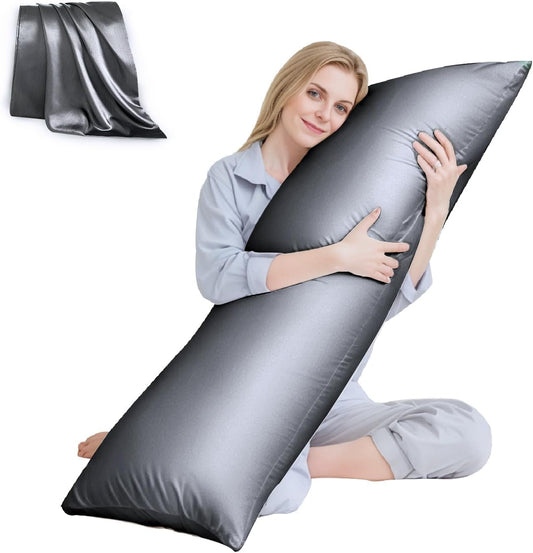 HUXMEYSON Body Pillow with Satin Pillowcase, Cooling Body Pillow for Adults, Removable Cover, Grey (20"x54")