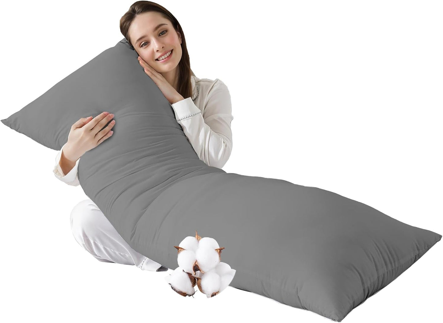 Cotton Body Pillow Insert - Cooling Breathable Full Body Pillow for Side Sleeper - Soft Long Bed Pillow for Adults - 20 x 54 inch-White