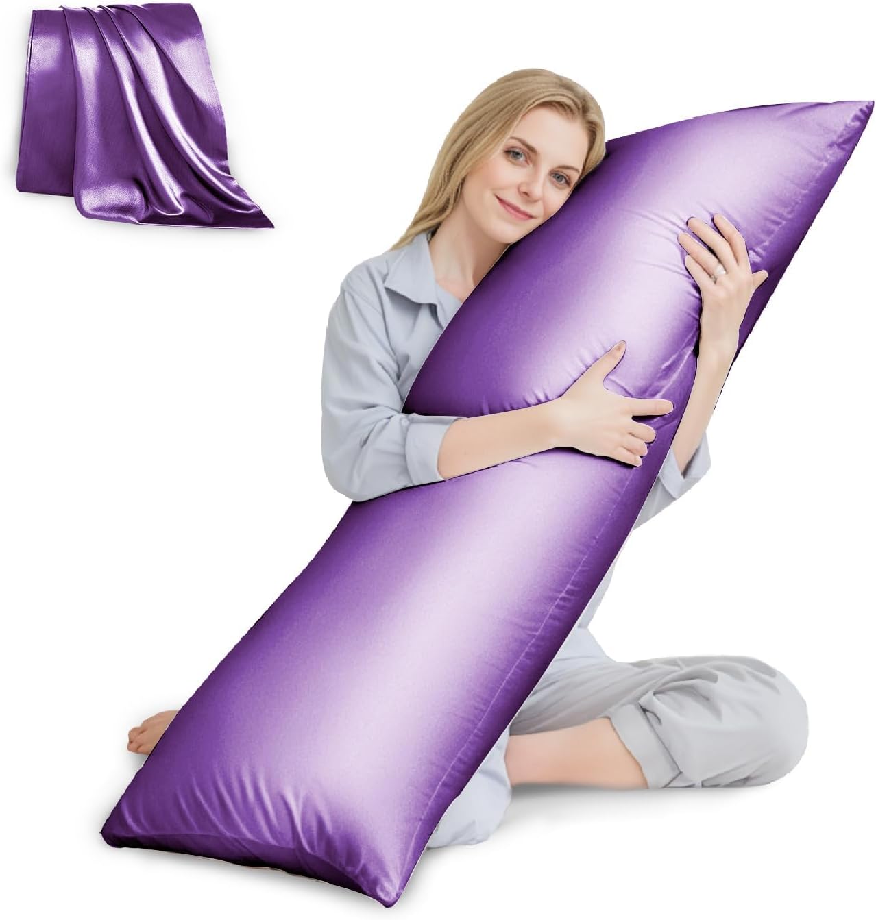 HUXMEYSON Body Pillow with Satin Pillowcase, Cooling Body Pillow for Adults, Removable Cover, Grey (20"x54")