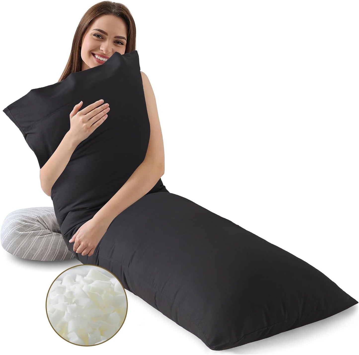 WhatsBedding Memory Foam Body Pillow with Pillowcase, Soft Large Long Bed Pillow for Adults, Breathable Full Body Pillow with Removable Pillow Cover - Dark Grey