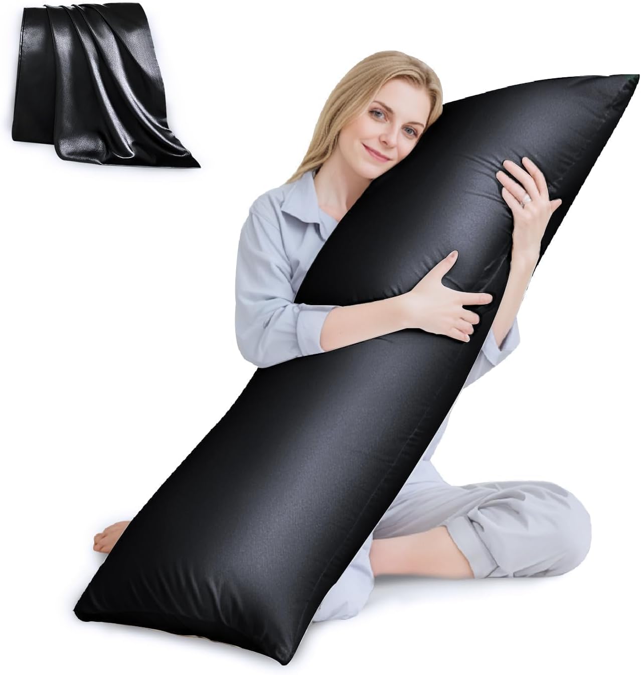 HUXMEYSON Body Pillow with Satin Pillowcase, Cooling Body Pillow for Adults, Removable Cover, Grey (20"x54")