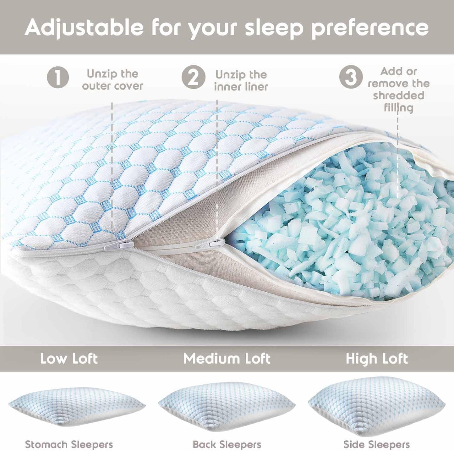 Nestl Cooling Body Pillow for Sleeping 1 Pack, Luxury Shredded Memory Foam Body Pillows, Adjustable Cold Gel Pillows for Hot Sleepers, Supportive Long Pillow for Bed Side Back Stomach Sleepers