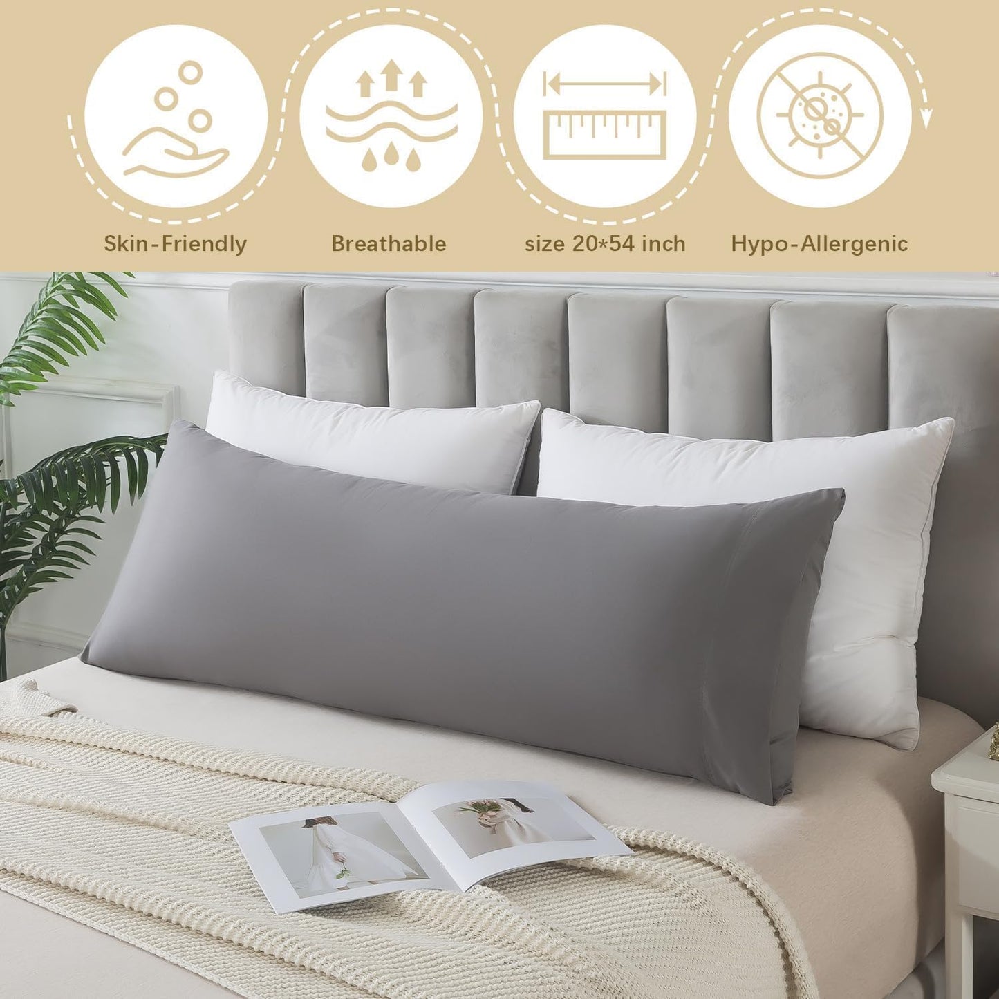 WhatsBedding Memory Foam Body Pillow with Pillowcase, Soft Large Long Bed Pillow for Adults, Breathable Full Body Pillow with Removable Pillow Cover - Dark Grey
