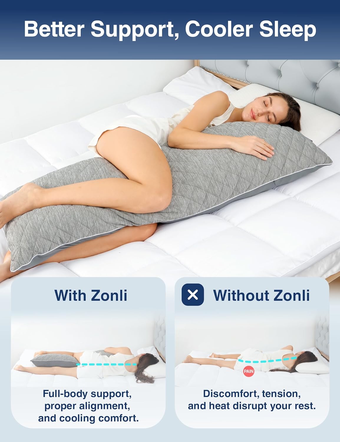 ZonLi Cooling Body Pillow for Adults Grey, Quilted Support Long Pillow with Ice Silk Fabric - Orthopedic Pillow for Side Sleepers, Back Pain, Pregnancy & Hot Sleepers (20x54 Inches)