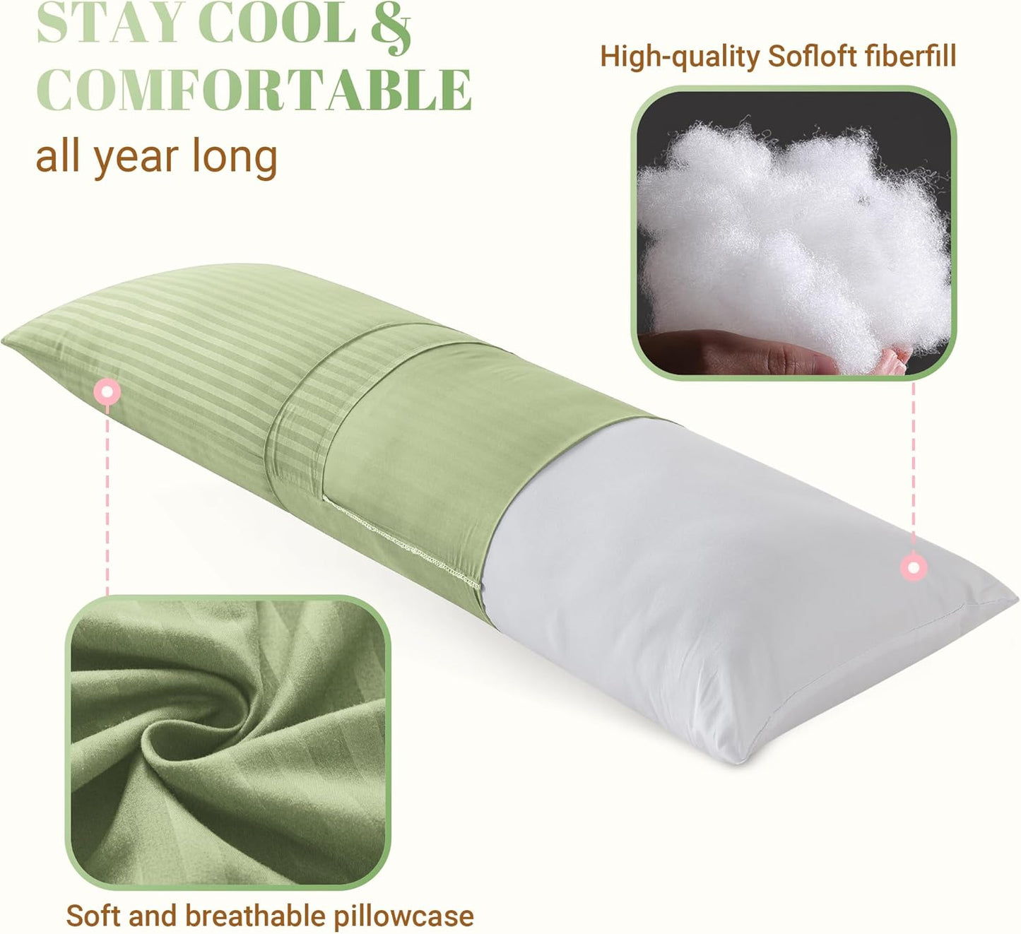 Cosybay Full Body Pillow Insert with Sage Green Pillowcase - Fluffy Long Bed Pillow for Adults - Firm Large Body Pillow with Washable Cover for Side and Back Sleepers - 20x54 Inch(Sage Green)