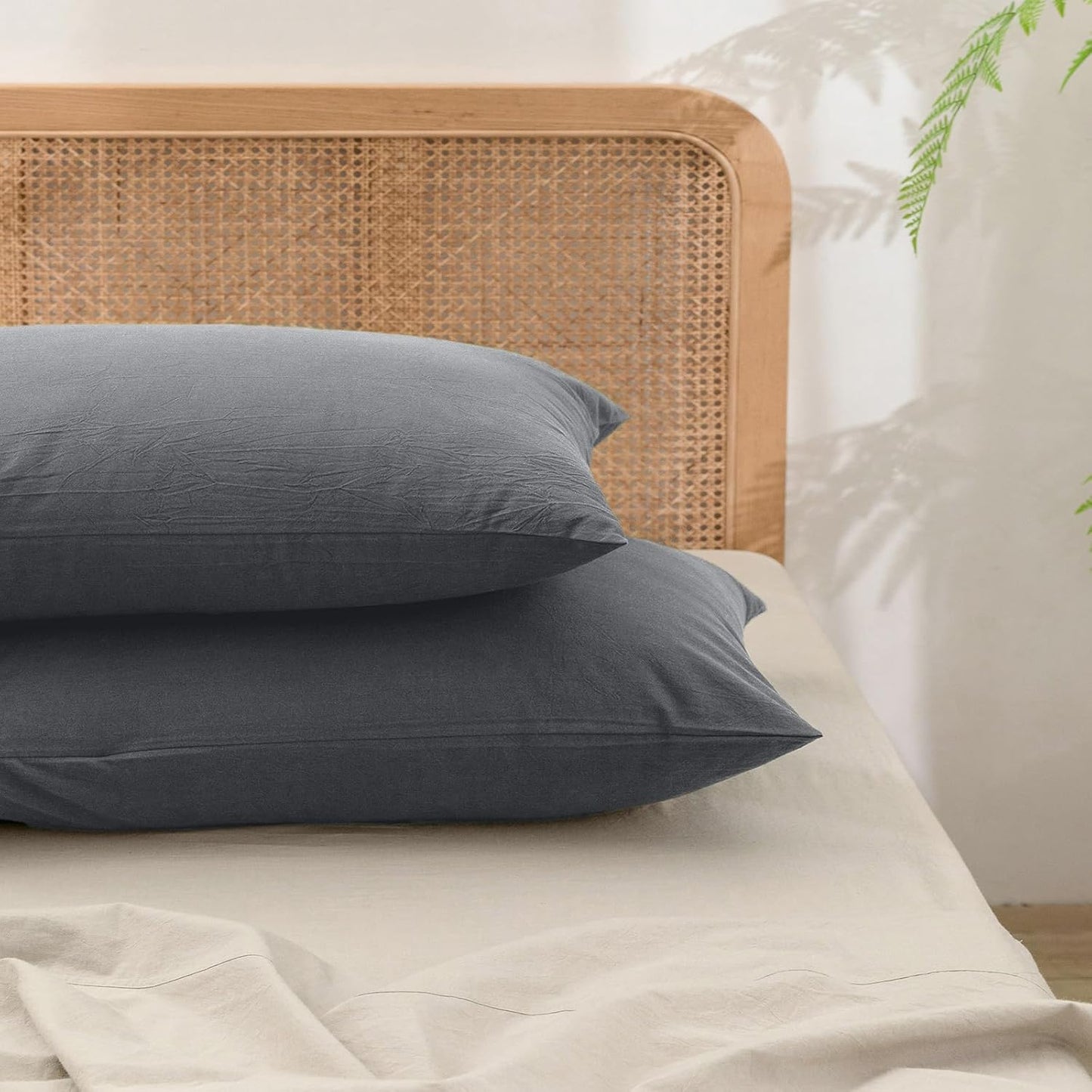 BESTOUCH 100% Washed Cotton Pillowcase for Hair and Skin Linen Feel Soft Comfortable Breathable 1 Pcs Pillow Case with Envelope Closure Solid Linen Grey Body 20x54 Inches