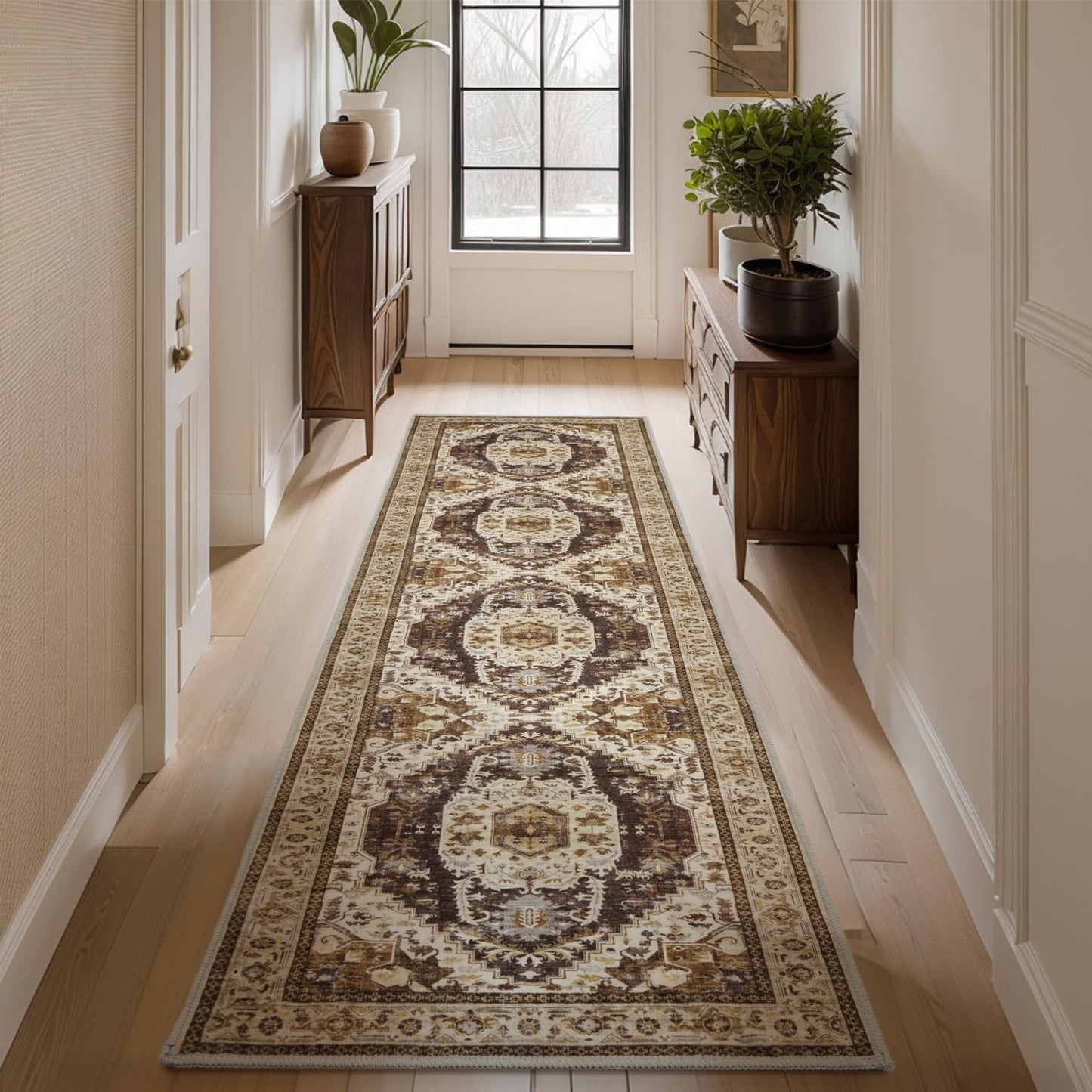 Brown Washable 5x7 Area Rugs for Living Room Rug Bedroom Rug-Carpet Neutral Moody Vintage Traditional Dining Room Rugs Office Soft Comfortable Non Slip