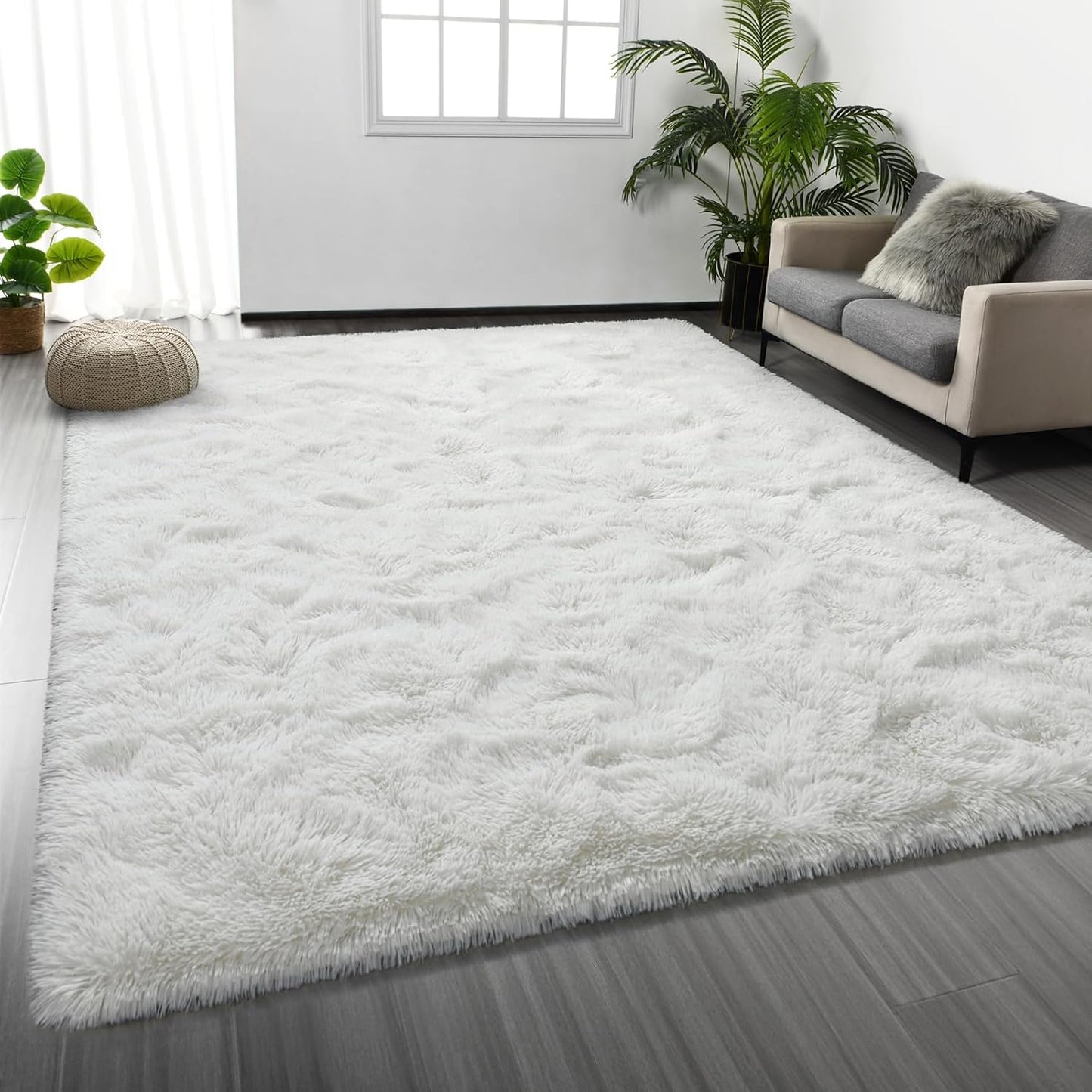 Large Shag Area Rugs 5 x 8, Tie-Dyed Plush Fuzzy Rugs for Living Room, Ultra Soft Fluffy Furry Rug for Bedroom, Indoor Carpet Nursery Rugs for Kids Room Home Decor, Light Grey