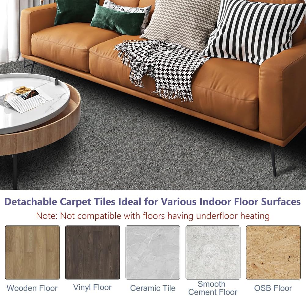 Carpet Tiles 20"x 20" Squares Reusable Floor Carpet, 12 Tiles Non Slip Peel and Stick Easy DIY Installation Seamless Rug for Bedroom Living Room Office, Light Gray