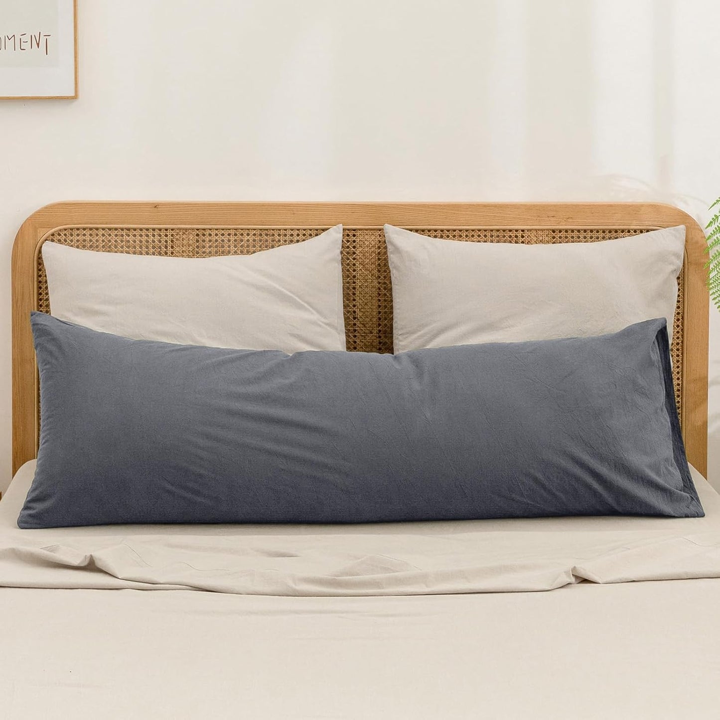 BESTOUCH 100% Washed Cotton Pillowcase for Hair and Skin Linen Feel Soft Comfortable Breathable 1 Pcs Pillow Case with Envelope Closure Solid Linen Grey Body 20x54 Inches