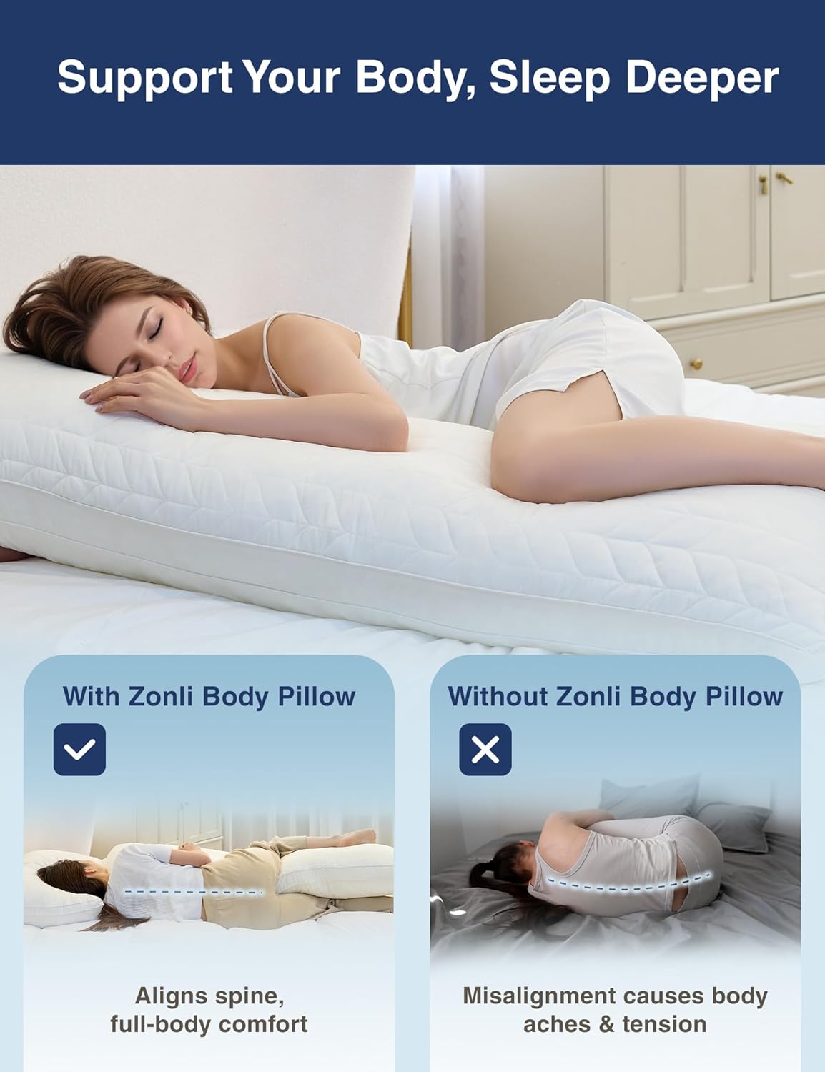 ZonLi Memory Foam Body Pillow for Adults, Long Pillow for Bed, Firm Body Pillow for Side Sleeper, Elegant Quilted Full Length Body Pillows Large -20x54 inch, White
