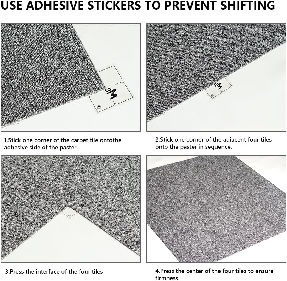 Carpet Tiles 20"x 20" Squares Reusable Floor Carpet, 12 Tiles Non Slip Peel and Stick Easy DIY Installation Seamless Rug for Bedroom Living Room Office, Light Gray