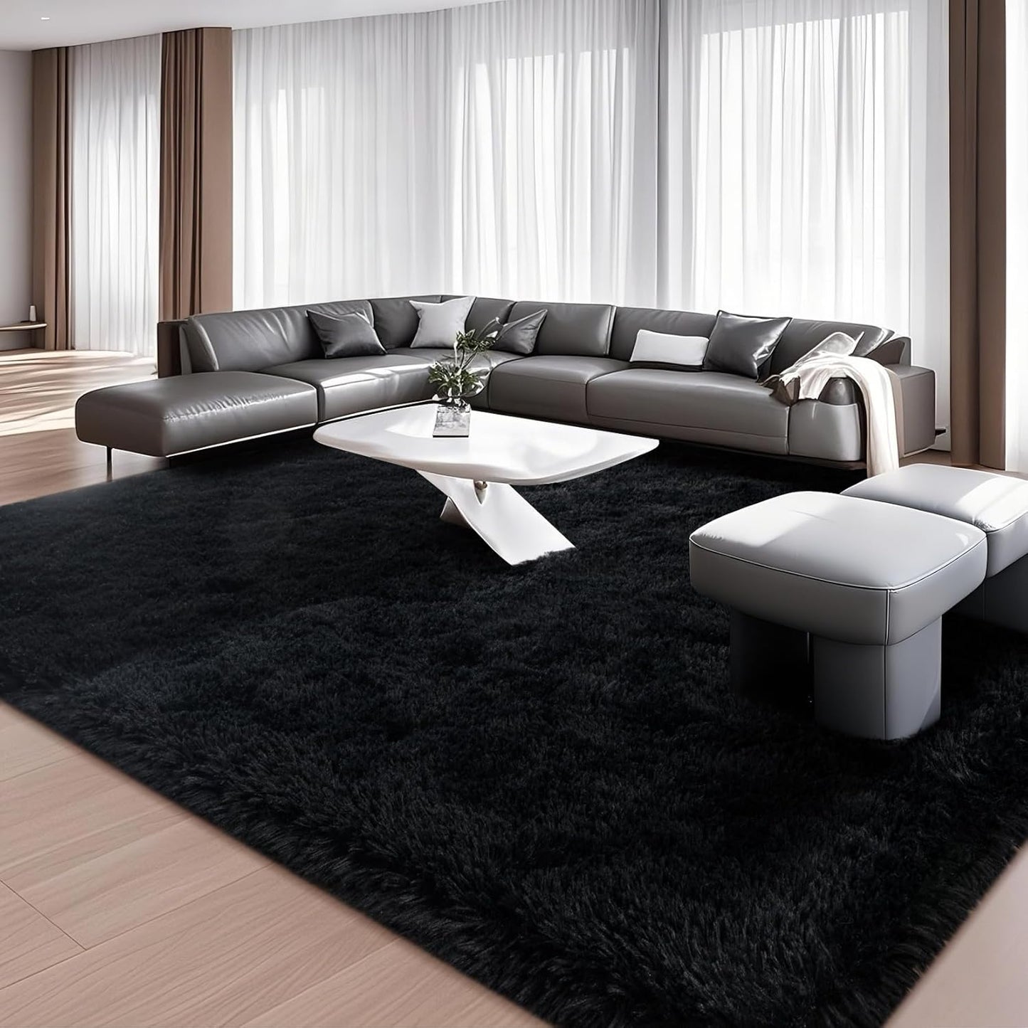 6x9 Feet Machine Washable Area Rugs for Bedroom Living Room, Black Soft Plush Fluffy Fuzzy Shag Shaggy Carpet, Indoor Floor Rugs for Kids, Nursery, Home Decor Aesthetic