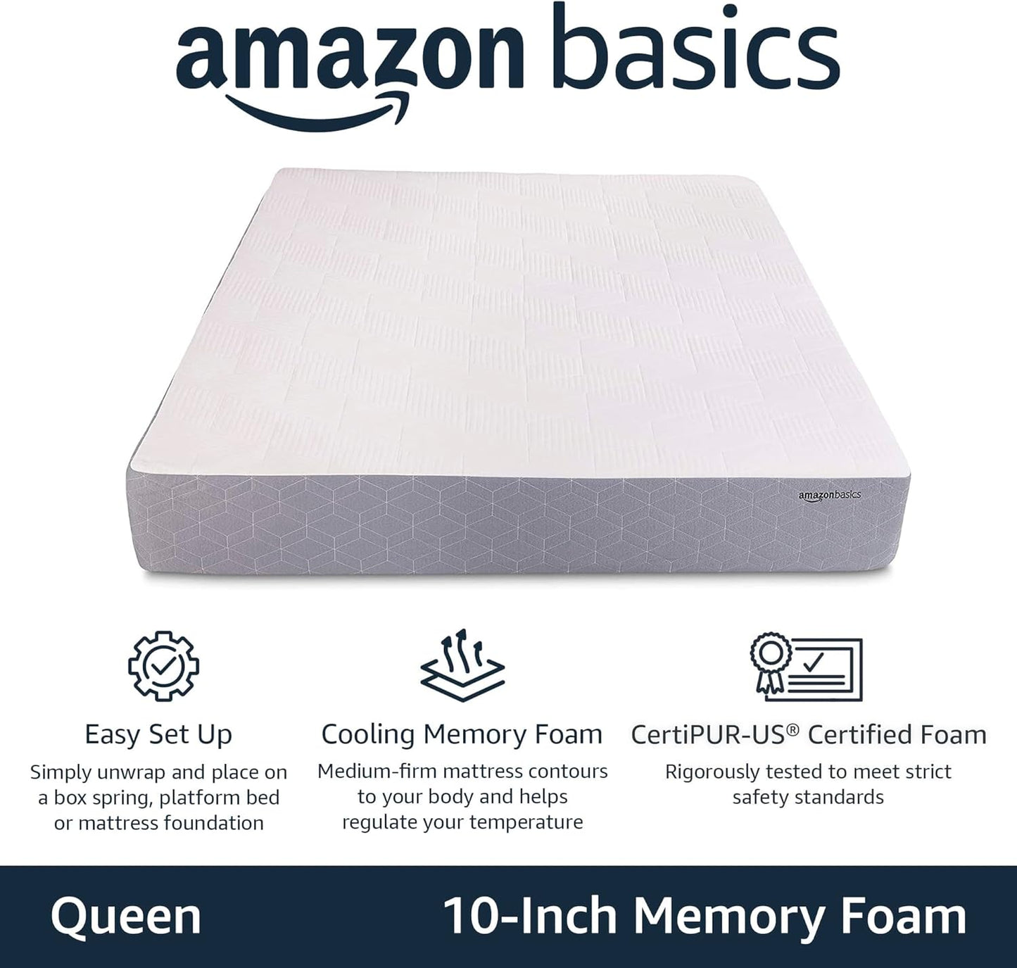Amazon Basics Memory Foam Mattress, Medium Firm, Cooling Gel, Queen Size Mattress, CertiPUR-US® Certified Foam, 80 x 60 x 10 inches, White/Gray