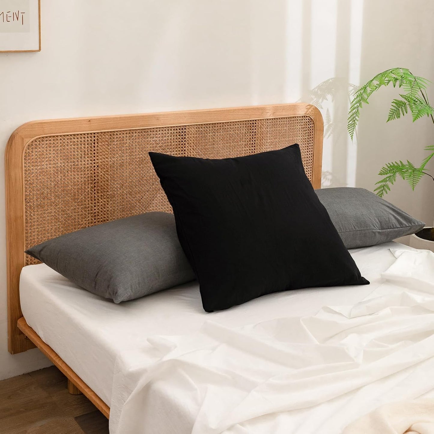 BESTOUCH 100% Washed Cotton Pillowcase for Hair and Skin Linen Feel Soft Comfortable Breathable 1 Pcs Pillow Case with Envelope Closure Solid Linen Grey Body 20x54 Inches