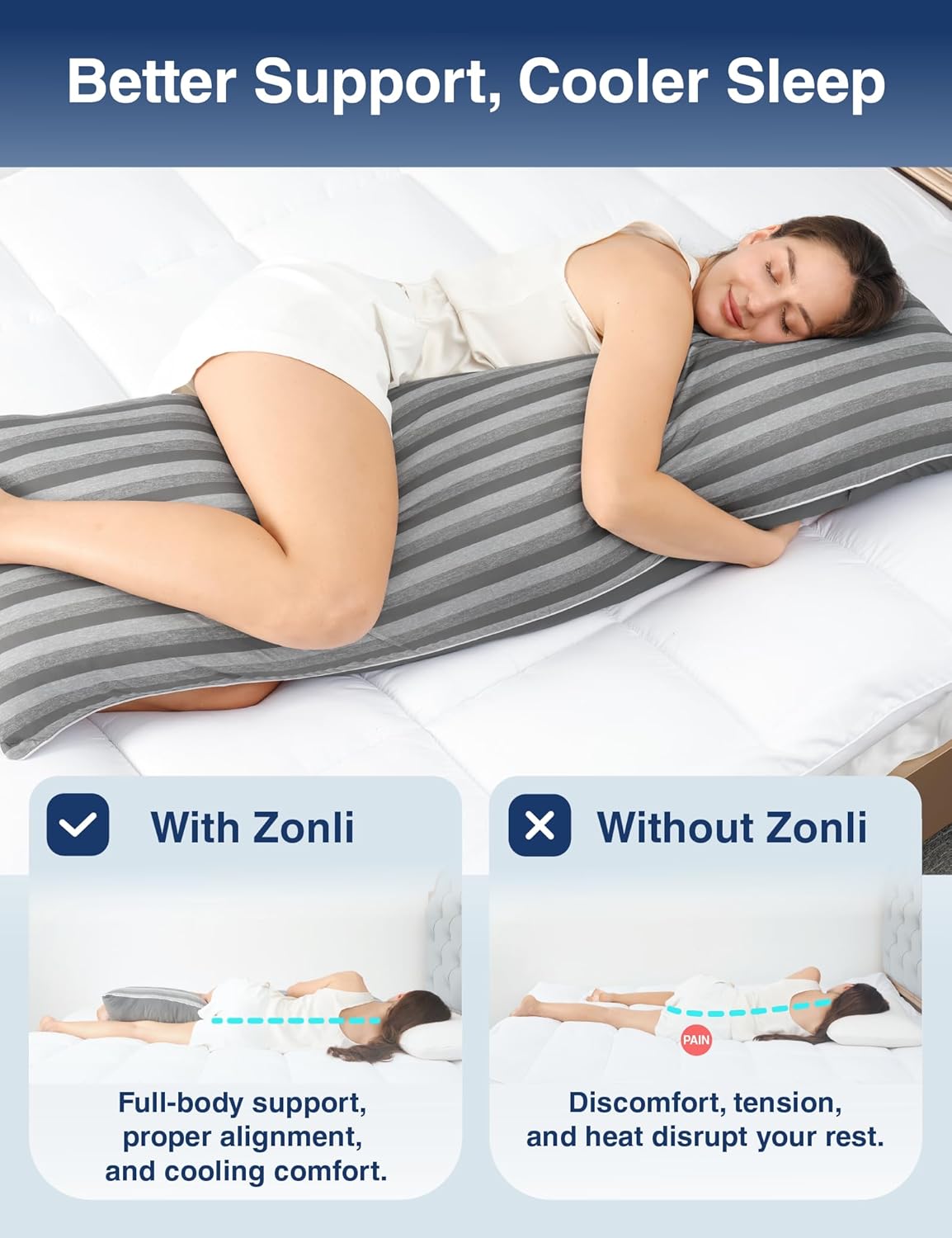 ZonLi Cooling Body Pillow for Adults, Long Pillow for Bed, Firm Body Pillow for Side Sleeper, Memory Foam Full Length Body Pillows Large -20x54 inch, Stripe