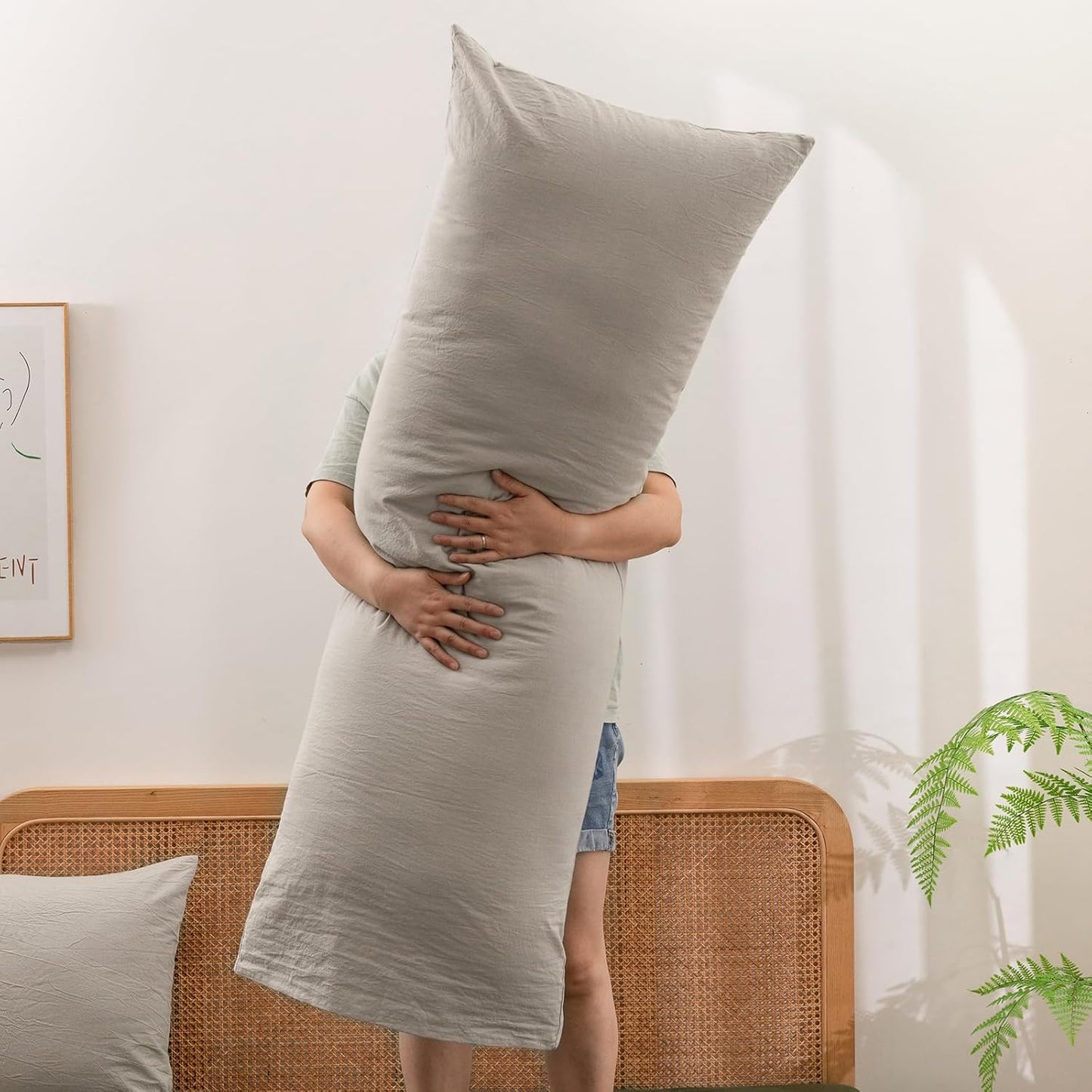 BESTOUCH 100% Washed Cotton Pillowcase for Hair and Skin Linen Feel Soft Comfortable Breathable 1 Pcs Pillow Case with Envelope Closure Solid Linen Grey Body 20x54 Inches