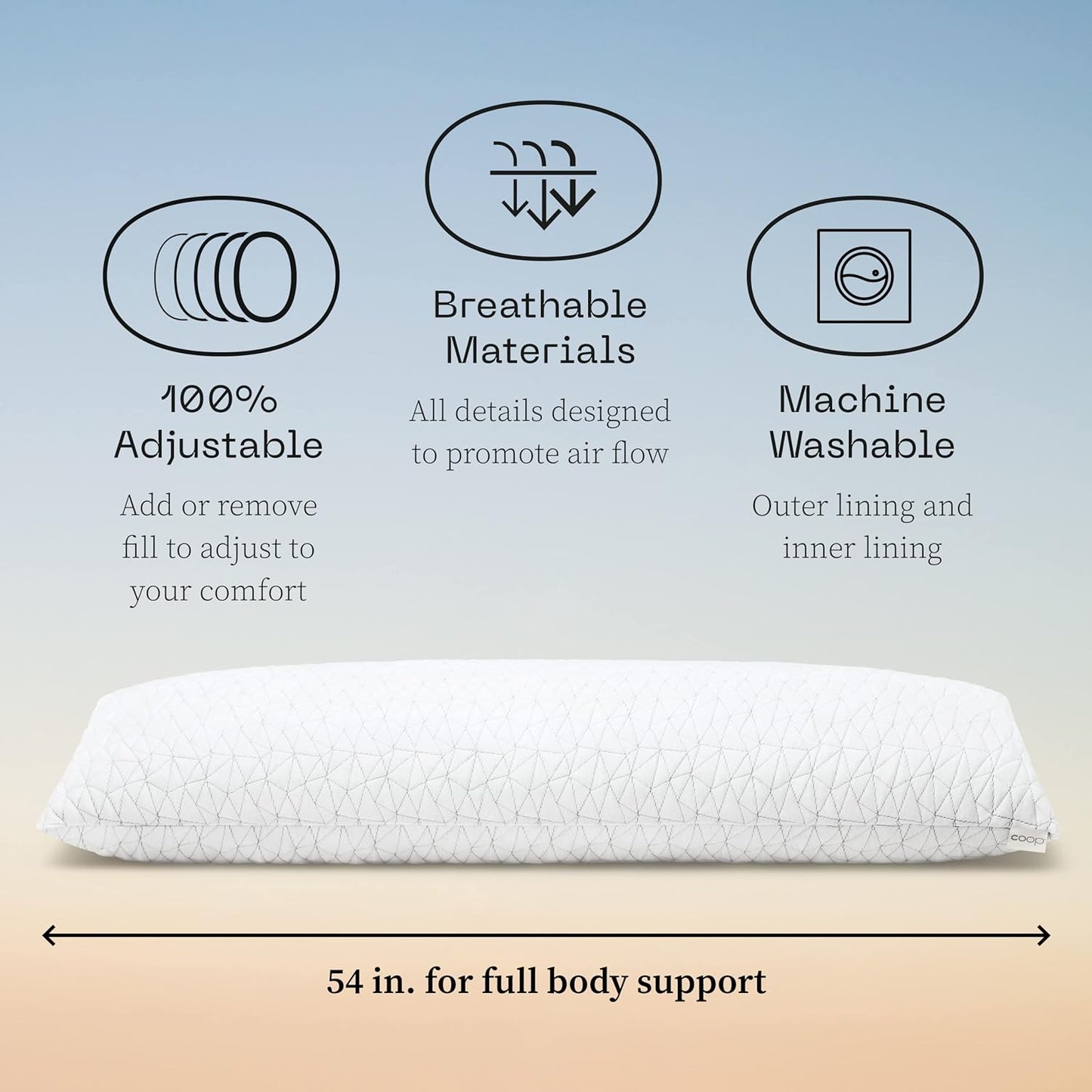 Coop Home Goods Original Adjustable Body Pillow, 20x54 Long Pillow for Back, Shoulder, Hip and Knee Support, Side Sleeper Body Pillows for Adults with Memory Foam & Washable Cover