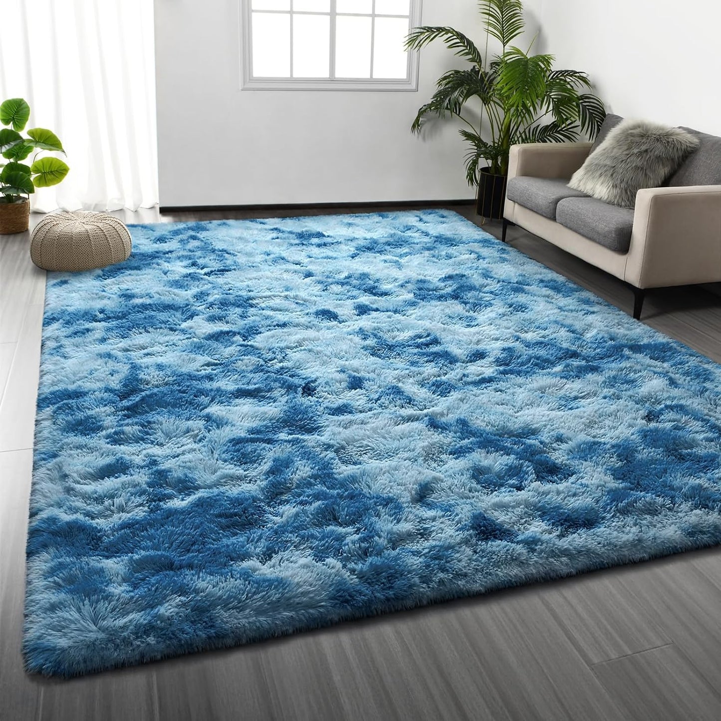 Large Shag Area Rugs 5 x 8, Tie-Dyed Plush Fuzzy Rugs for Living Room, Ultra Soft Fluffy Furry Rug for Bedroom, Indoor Carpet Nursery Rugs for Kids Room Home Decor, Light Grey