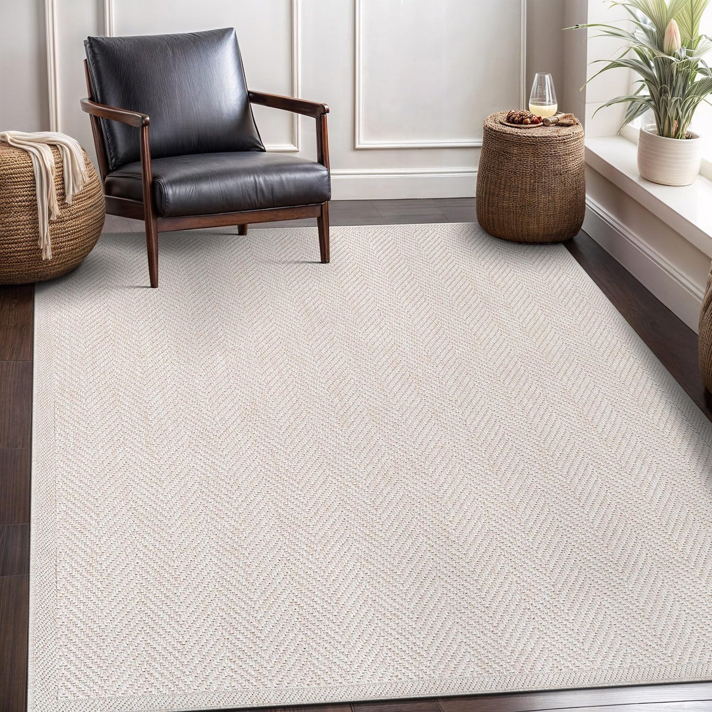 CAMILSON Easy Jute Rug 9x12, Indoor Outdoor Natural Color Fiber Area Rugs for Living Room and Patio Rug Herringbone Seagrass Boho Woven Design Easy-Cleaning Washable Outside Carpet Alfombras 9 x 12