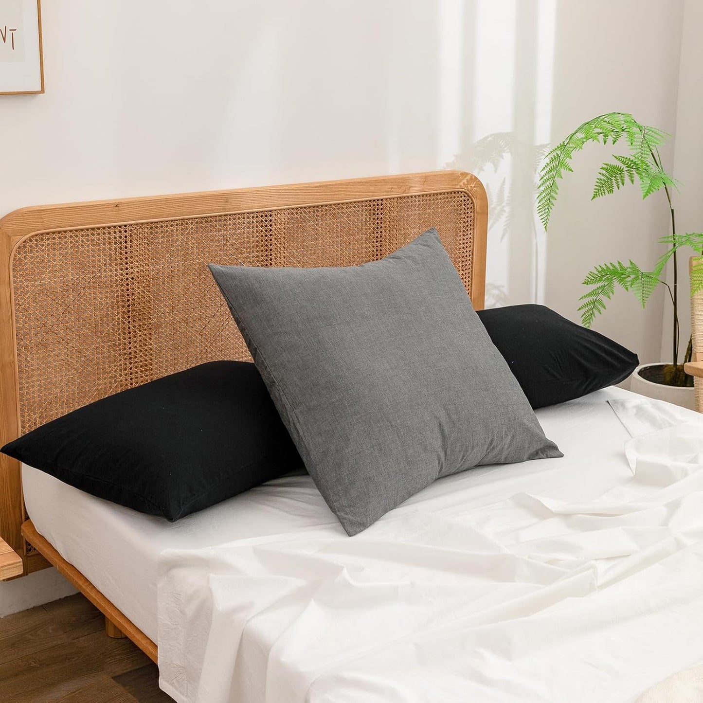 BESTOUCH 100% Washed Cotton Pillowcase for Hair and Skin Linen Feel Soft Comfortable Breathable 1 Pcs Pillow Case with Envelope Closure Solid Linen Grey Body 20x54 Inches