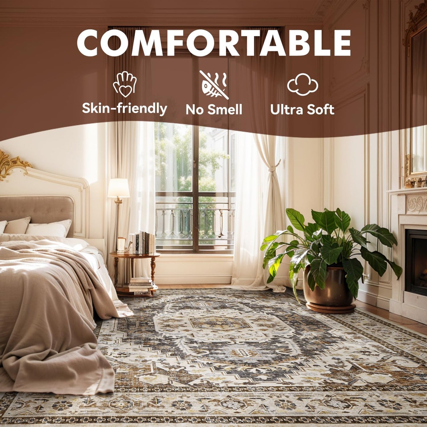 Brown Washable 5x7 Area Rugs for Living Room Rug Bedroom Rug-Carpet Neutral Moody Vintage Traditional Dining Room Rugs Office Soft Comfortable Non Slip