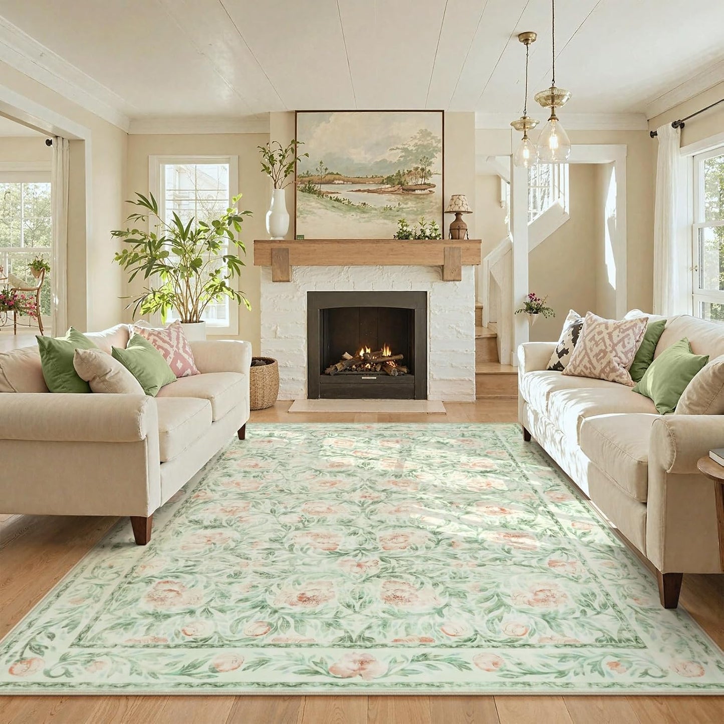 Collive Floral Area Rug 5x7, Pink Rugs for Bedroom Girls, Machine Washable Soft Low Pile Stain Resistant Carpet, Rug for Living Room Nursery Kids Playroom ‎Dorm