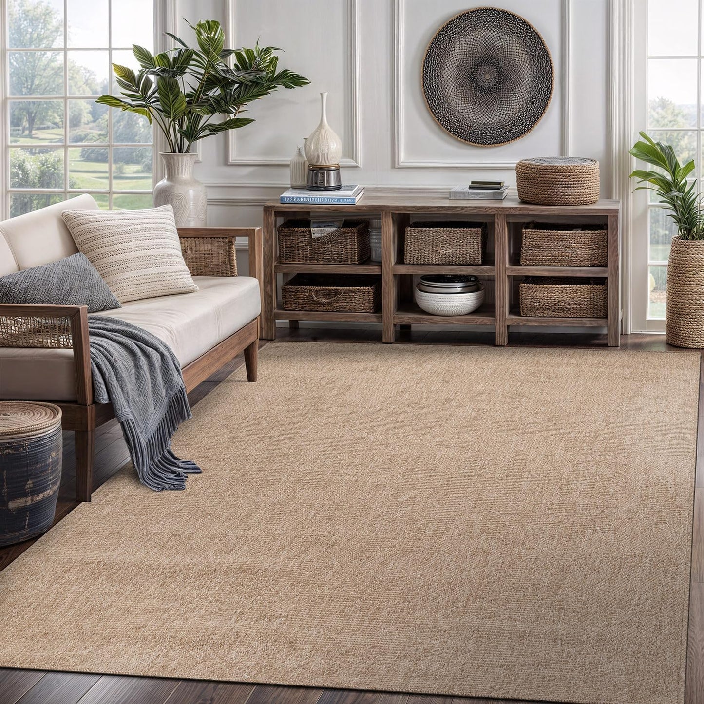 CAMILSON Easy Jute Rug 9x12, Indoor Outdoor Natural Color Fiber Area Rugs for Living Room and Patio Rug Herringbone Seagrass Boho Woven Design Easy-Cleaning Washable Outside Carpet Alfombras 9 x 12