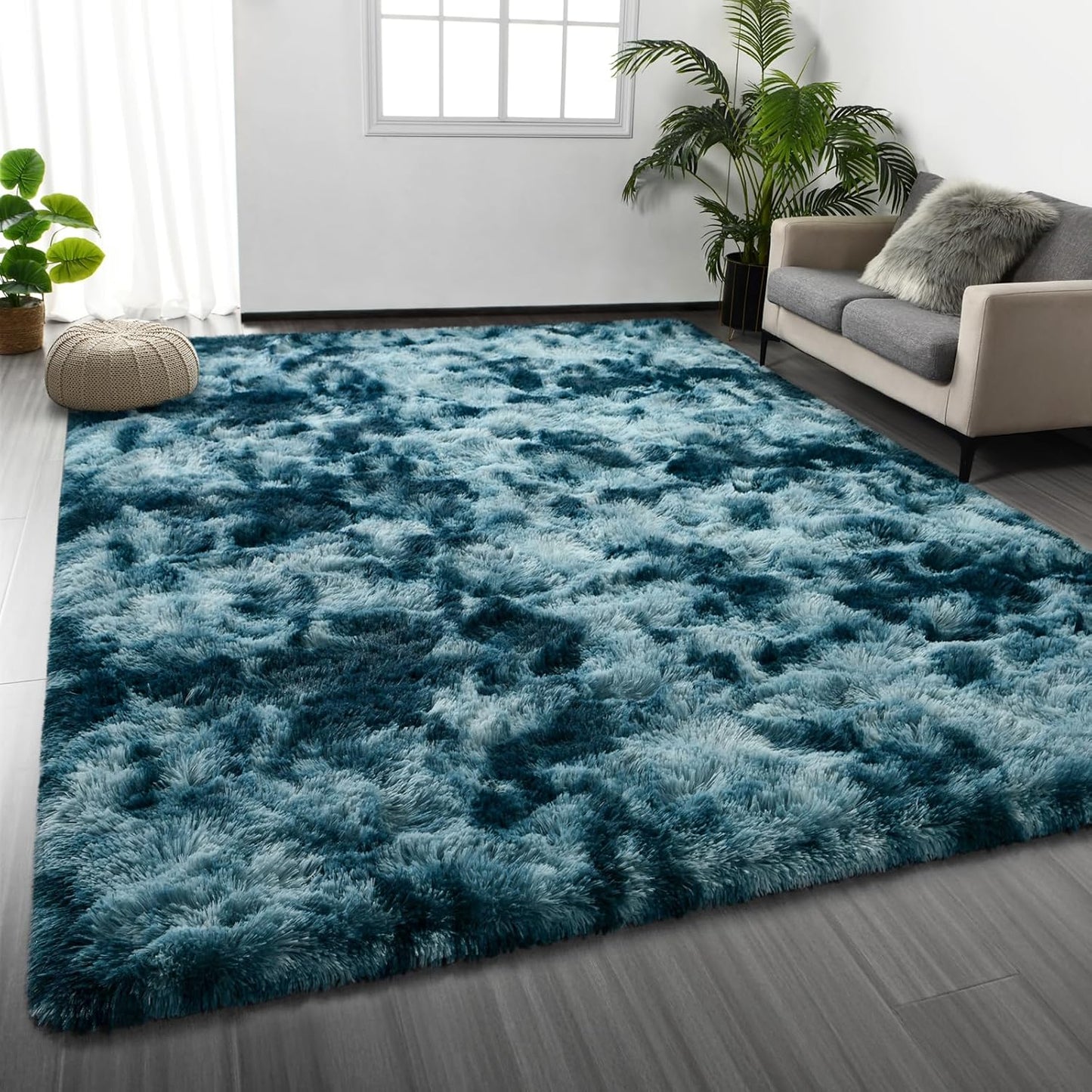 Large Shag Area Rugs 5 x 8, Tie-Dyed Plush Fuzzy Rugs for Living Room, Ultra Soft Fluffy Furry Rug for Bedroom, Indoor Carpet Nursery Rugs for Kids Room Home Decor, Light Grey