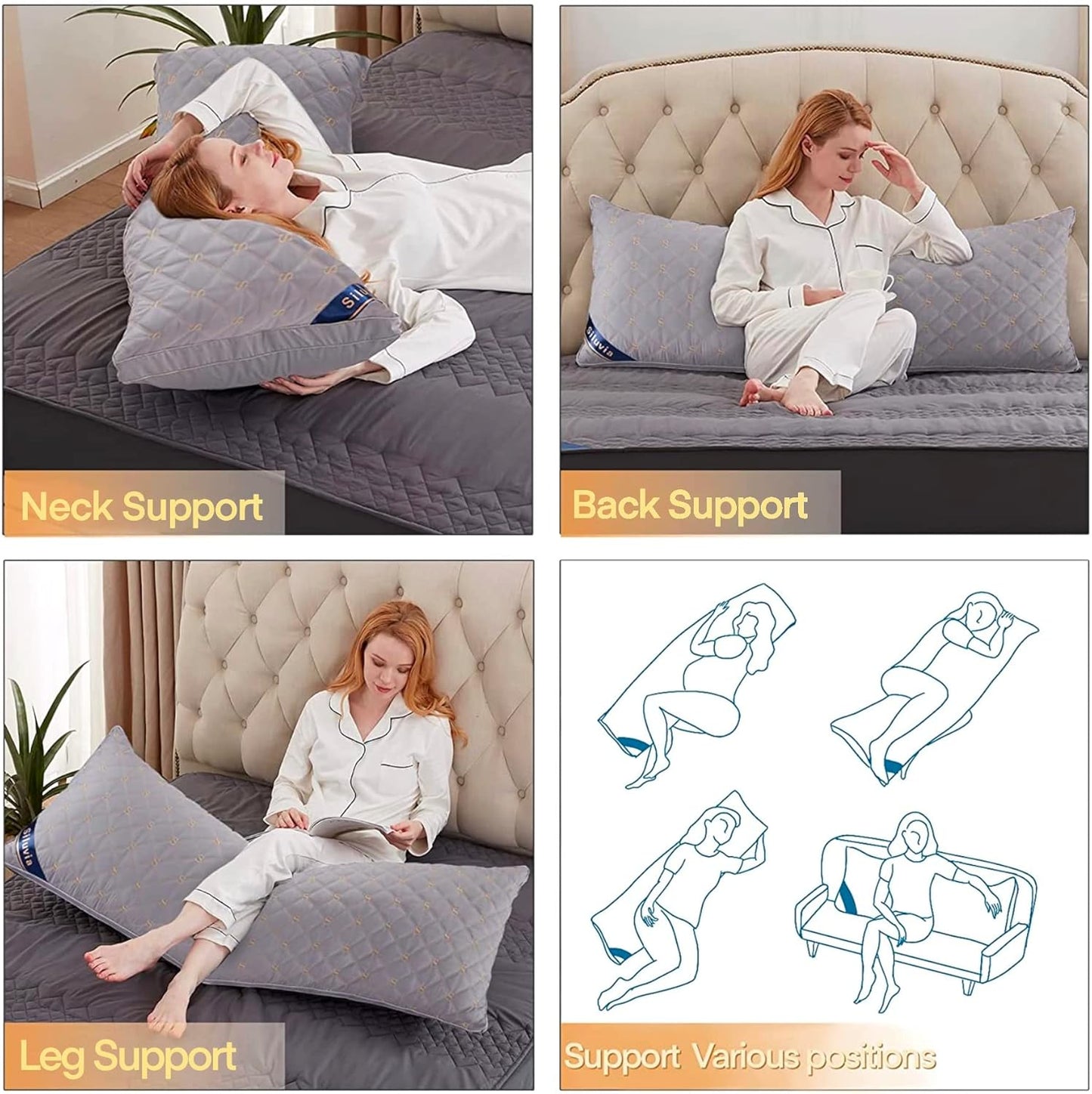 Siluvia Full Body Pillow for Adults-Premium Adjustable Loft Quilted Fluffy Body Pillow for Side Sleeper Quality Plush Down Alternative Long Bed Pillow Gray Pillow