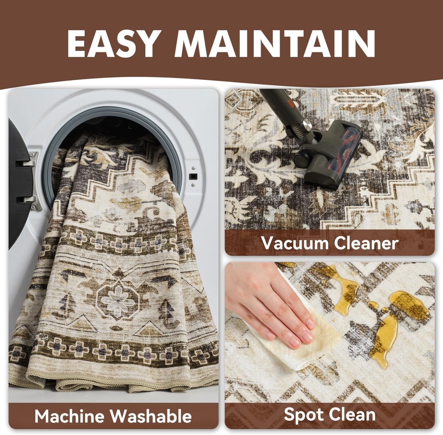 Brown Washable 5x7 Area Rugs for Living Room Rug Bedroom Rug-Carpet Neutral Moody Vintage Traditional Dining Room Rugs Office Soft Comfortable Non Slip
