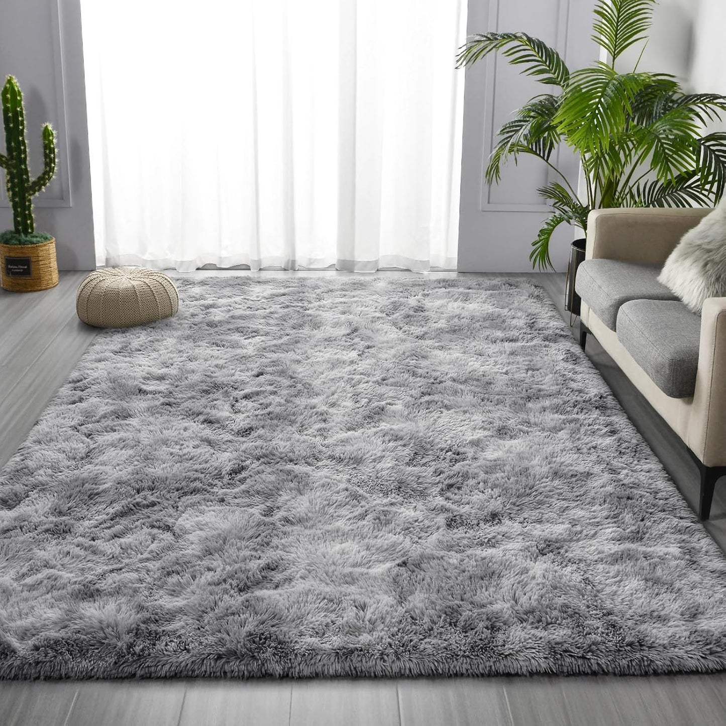 Large Shag Area Rugs 5 x 8, Tie-Dyed Plush Fuzzy Rugs for Living Room, Ultra Soft Fluffy Furry Rug for Bedroom, Indoor Carpet Nursery Rugs for Kids Room Home Decor, Light Grey